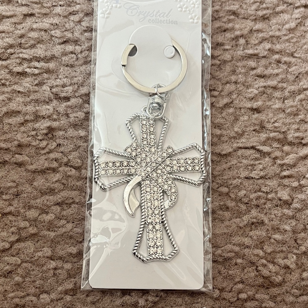 Silver Rhinestone Cross Keychain